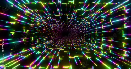 Futuristic glowing neon waving cube background. Shining geometric rainbow lines inside corridor in perspective. Bright retro digital cyberspace. 4K 3D rendering loop animation.