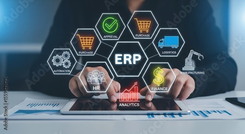 ERP System Concept with Big Clear Hexagon Icons – Enterprise Resource Planning Banner Design