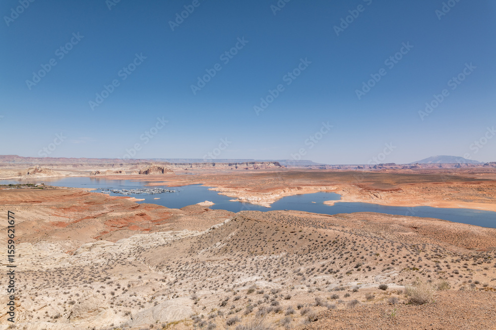 Lake Powell is a reservoir on the Colorado River in Utah and Arizona, Wahweap Overlook, Page. Wahweap Marina
Lake Powell is a reservoir on the Colorado River in Utah and Arizona, Wahweap Overlook, Page. Wahweap Marina