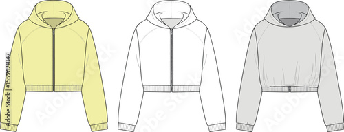 Women’s cropped zip-up hoodie with front and back view, technical fashion flat sketch, casual sweatshirt vector illustration, fashion design template

 flat vector illustration