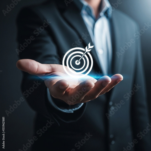 Targeting business concept. Businessman show virtual target icons for business objective. Strategic planning for business growth and target customer group.
