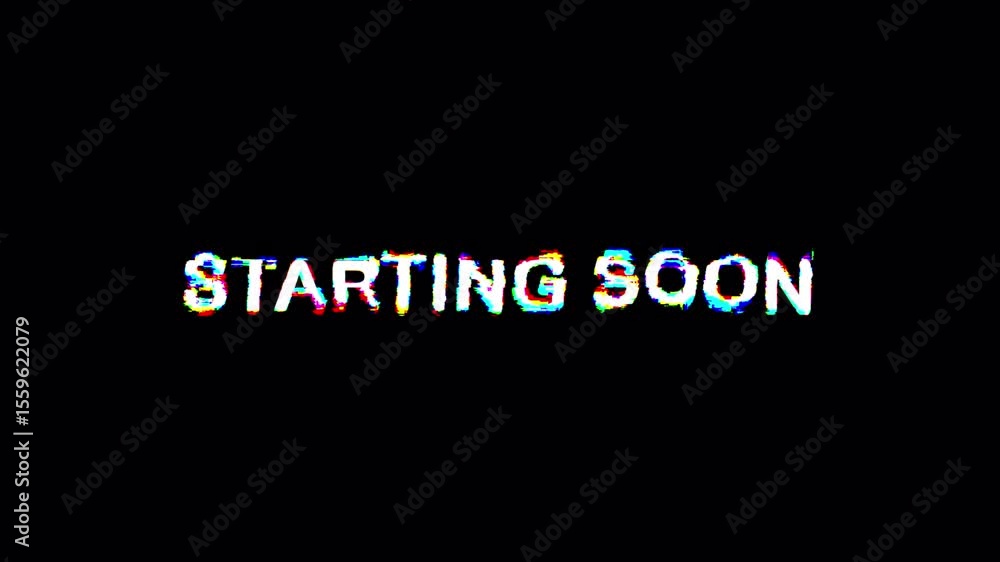 Starting soon animated glitch style overlay with RGB distortion on black background. 4K Stock Video Alpha Channel Starting soon animated glitch style overlay with RGB distortion on black background. 4K Stock Video Alpha Channel