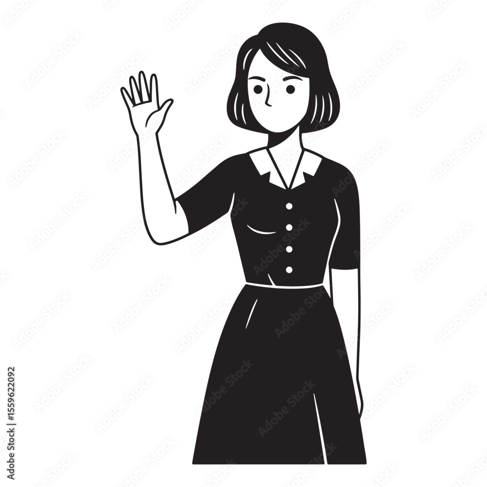 A stylish woman waving hand in black and white illustration graphic design A stylish woman waving hand in black and white illustration graphic design