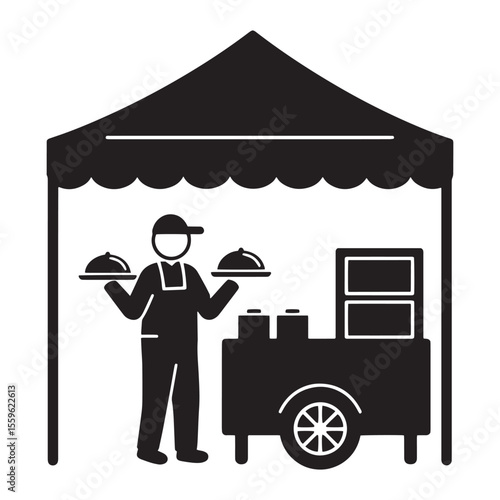 Black and white food cart vendor icon representing culinary business and catering service