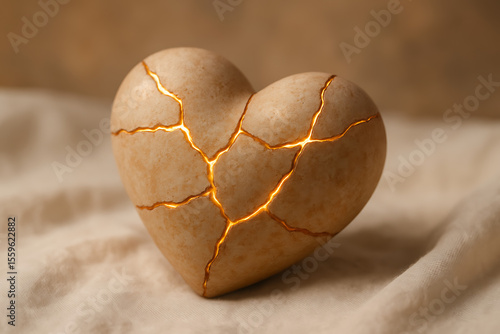 A beautiful golden light glows from within the cracks of a broken beige heart, symbolizing resilience, restoration, and overcoming adversity, global forgiveness day