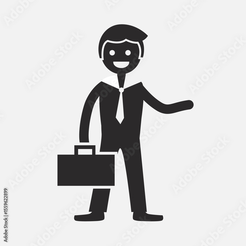 Smiling businessman in a suit holding a briefcase and gesturing welcomingly Adobe Illustrator Artwork