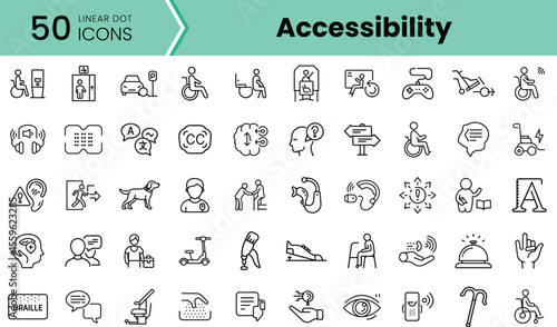A diverse collection of 50 linear icons representing accessibility, featuring symbols for various disabilities and assistive technologies in a clean, modern style.