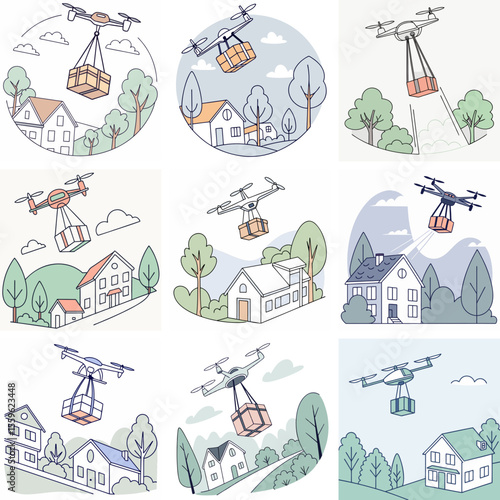 9 modern vector illustrations of drone delivery, including aerial transport, fast shipping, smart logistics, and futuristic package drop-offs