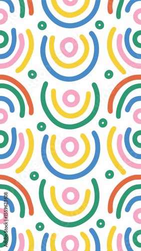 Playful Arc Pattern: A whimsical pattern featuring an array of colorful arc and circle arranged in a rhythmic sequence, creating a playful and visually engaging design.