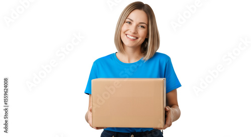 Young woman holding a cardboard box isolated on a transparent background for delivery services.