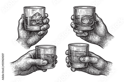 Hands Holding Whiskey Glasses Vector Engraving Set
