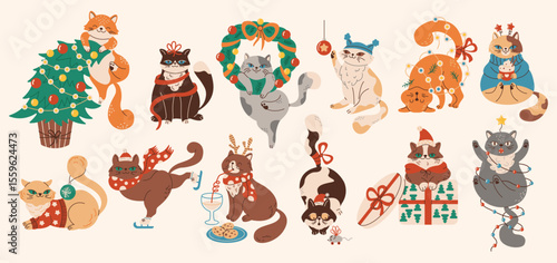 Festive cats with Christmas motifs gifts wreaths lights  trees
