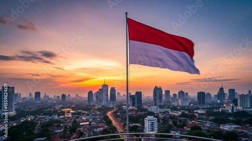 Indonesia flag waving cityscape at sunset, Jakarta skyline panorama motion video