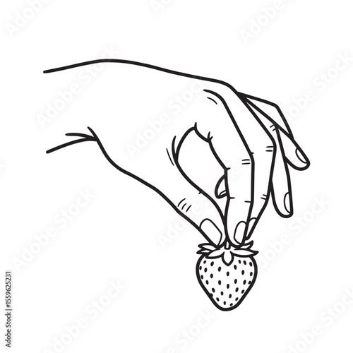 Hand delicately holding a fresh ripe strawberry in simple minimalist black and white design