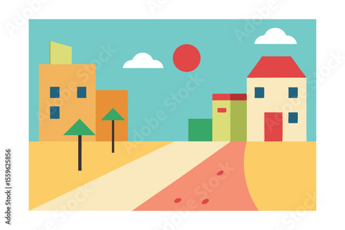 Charming Suburban Street Scene Colorful Buildings and Sunny Day Illustration