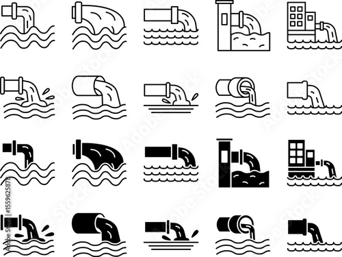 Water Waste Pipe Vector Icons – Industrial Sewage and Pollution Discharge Set