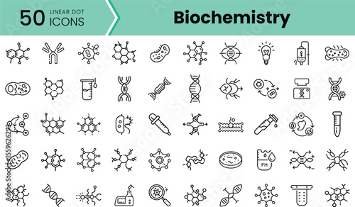 A collection of 50 linear dot icons representing various biochemistry concepts, including molecules, cells, DNA, and laboratory equipment in a minimalist design.