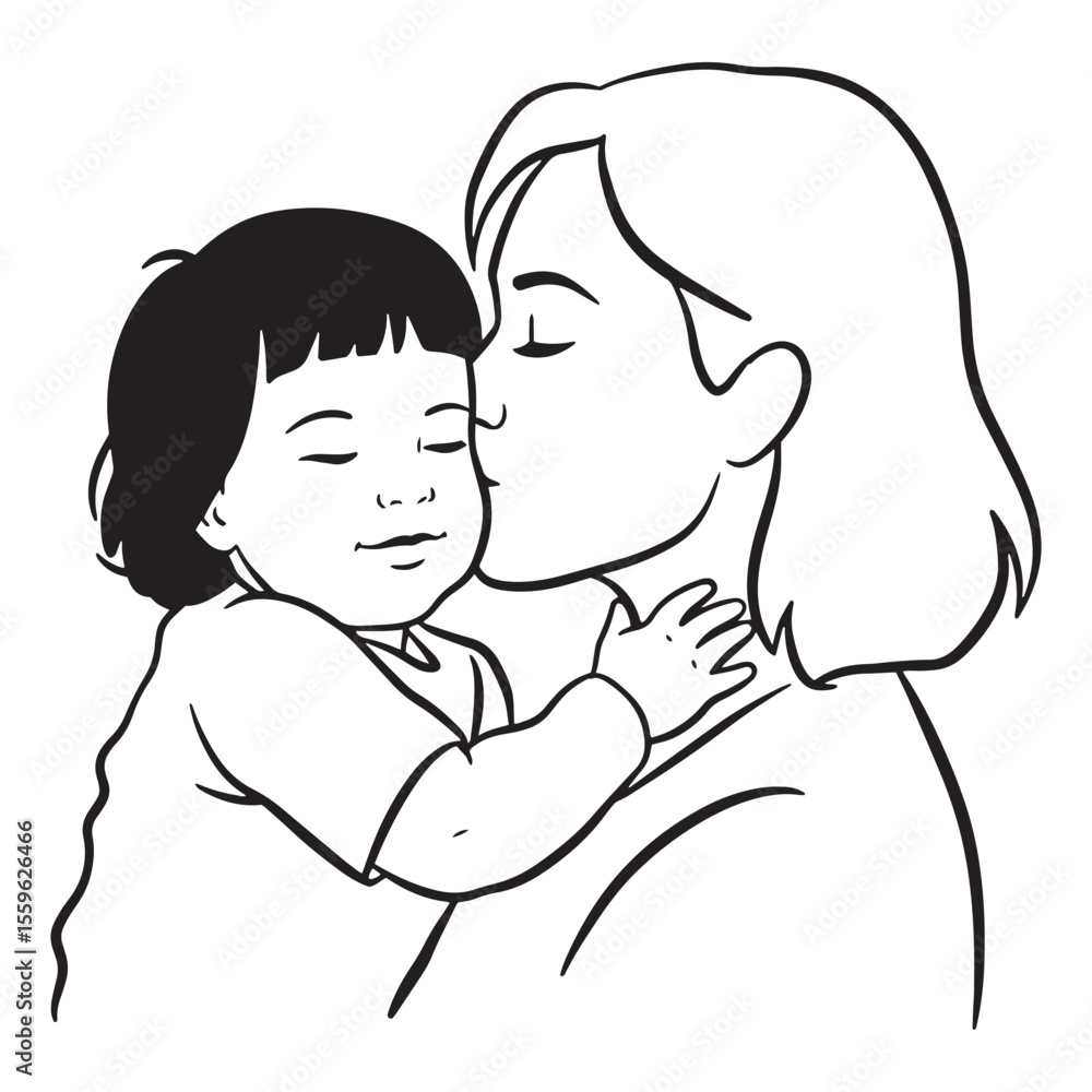 Mother kisses adorable baby expressing love and affection in simple black and white vector art Mother kisses adorable baby expressing love and affection in simple black and white vector art
