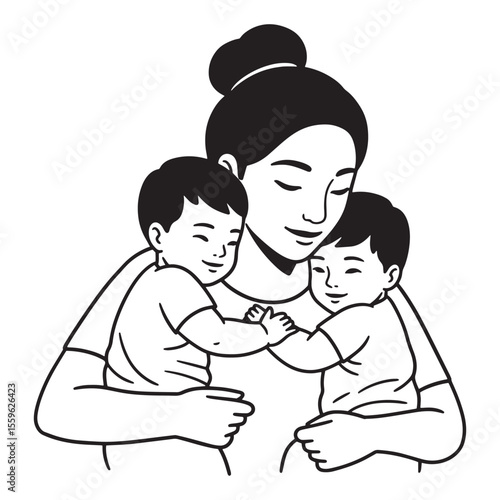 Mother embracing her twin babies a heartwarming black and white illustration