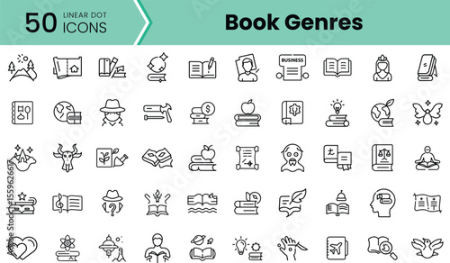 A collection of 50 linear dot icons representing various book genres, ideal for design and educational purposes, featuring simple yet engaging illustrations.