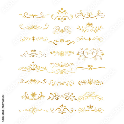 Gold text dividers doodle set. Wedding decorative elements. Divider ornament, borders, floral, vintage line separators. Hand drawn vector illustration isolated on white background. Set page dividers.
