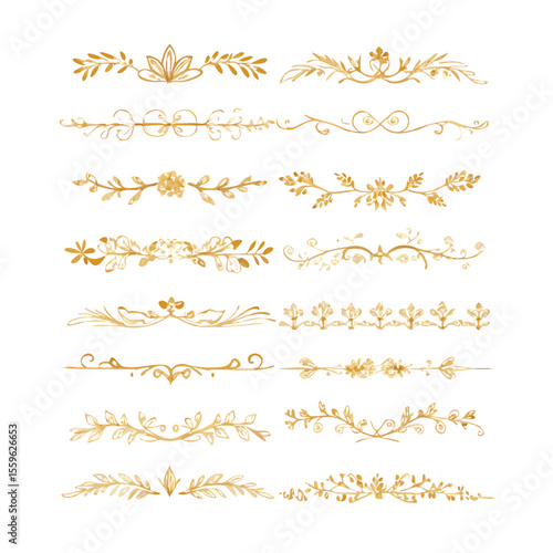 Gold text dividers doodle set. Wedding decorative elements. Divider ornament, borders, floral, vintage line separators. Hand drawn vector illustration isolated on white background. Set page dividers.
