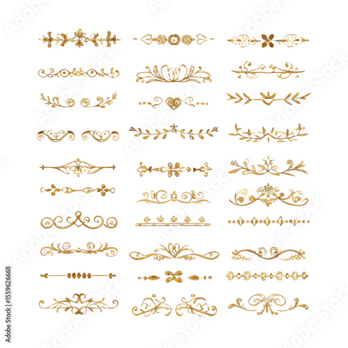 Gold text dividers doodle set. Wedding decorative elements. Divider ornament, borders, floral, vintage line separators. Hand drawn vector illustration isolated on white background. Set page dividers.
