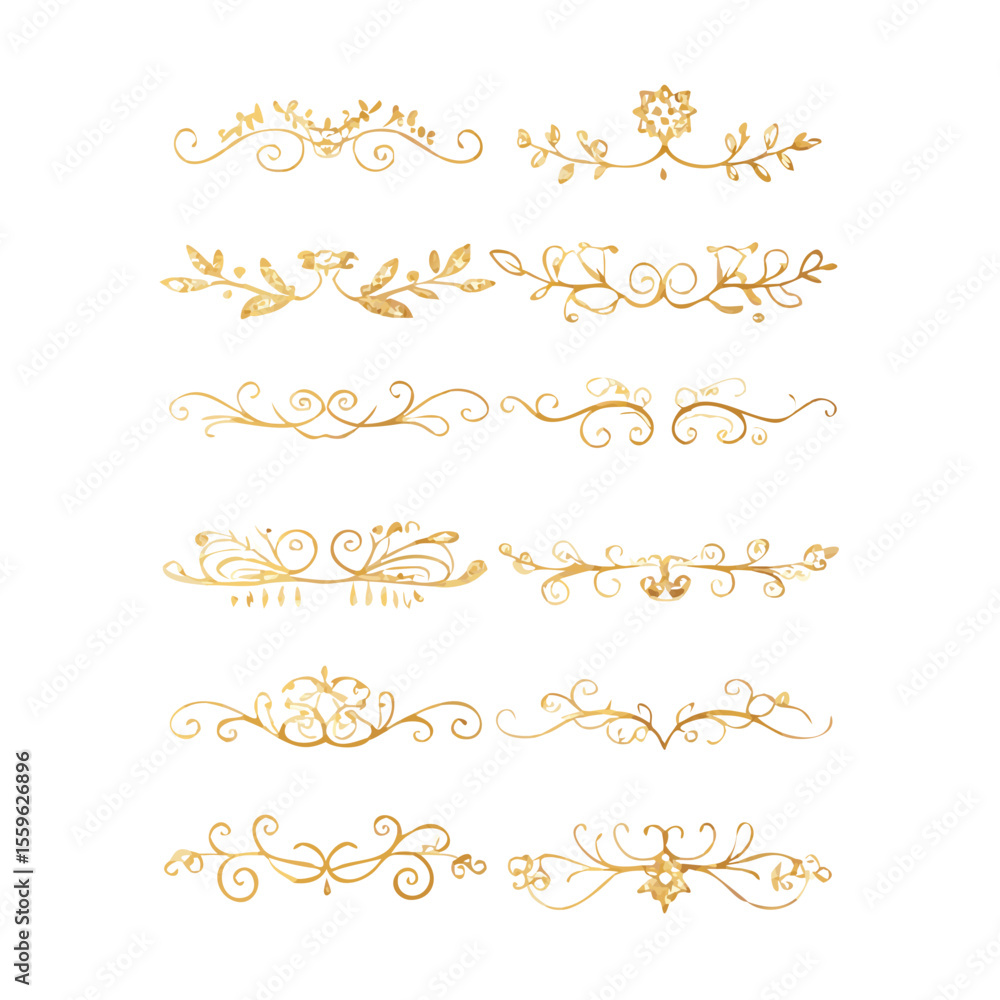 Gold text dividers doodle set. Wedding decorative elements. Divider ornament, borders, floral, vintage line separators. Hand drawn vector illustration isolated on white background. Set page dividers.
Gold text dividers doodle set. Wedding decorative elements. Divider ornament, borders, floral, vintage line separators. Hand drawn vector illustration isolated on white background. Set page dividers.