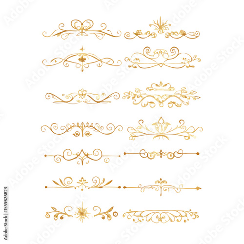 Gold text dividers doodle set. Wedding decorative elements. Divider ornament, borders, floral, vintage line separators. Hand drawn vector illustration isolated on white background. Set page dividers.
