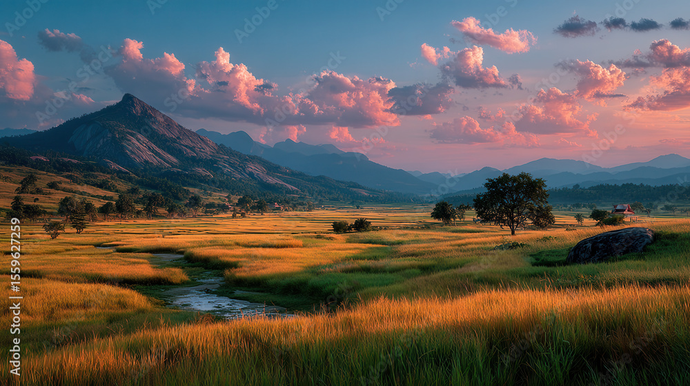 Fototapeta premium Happy lifestyle festival celebration in scenic mountain valley colorful sunset view nature's beauty