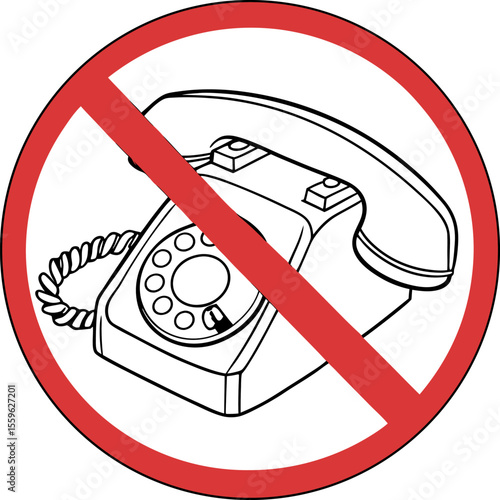 Vintage rotary telephone with a red prohibition circle and diagonal line indicating no phones allowed or telephone service unavailable