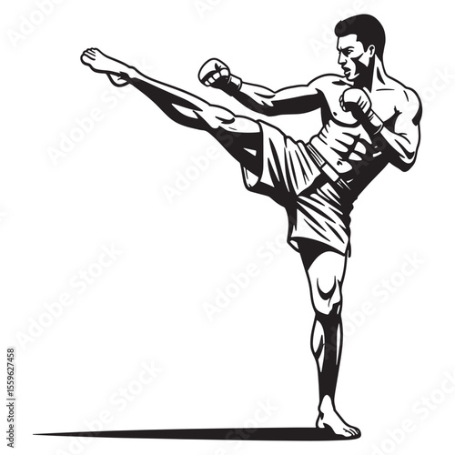 Silhouette of a muscular man performing a powerful high kick during martial arts training