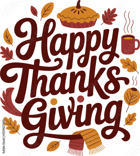Happy thanksgiving retro orange pumpkin with brown ribbon banner and classic bold font for t-shirt or label  