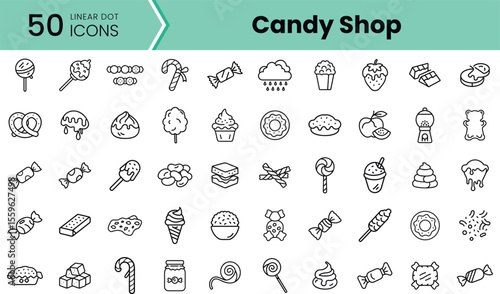A collection of 50 candy shop icons in a linear dot style, showcasing a variety of sweets like lollipops, ice cream, and gummy bears, perfect for digital design.