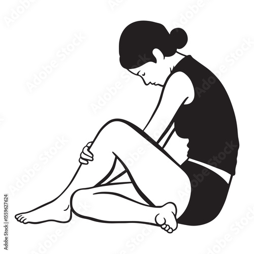 Silhouette of a sad woman sitting with knees up in vector art style