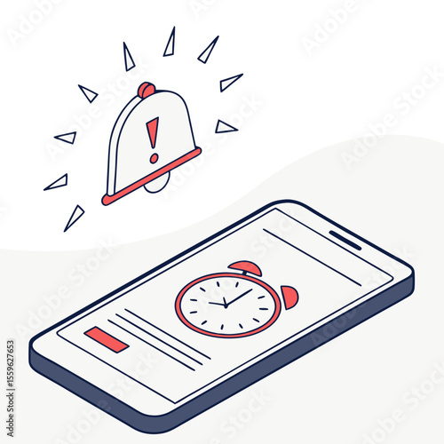 Modern isometric illustration of a smartphone displaying an alarm clock with a notification bell icon above symbolizing alerts and reminders