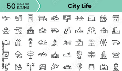 A collection of 50 linear dot icons representing various aspects of city life, including transport, infrastructure, and daily activities, illustrated in a minimalist style.