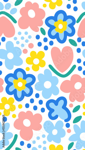 Floral Reverie: A vibrant, abstract illustration showcases an array of stylized flowers, hearts and dots, all intermingling in a seamless, dynamic composition.