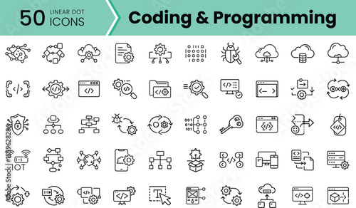 A collection of 50 linear dot icons representing various coding and programming concepts, including tools, debugging, and data flow, designed for tech enthusiasts.