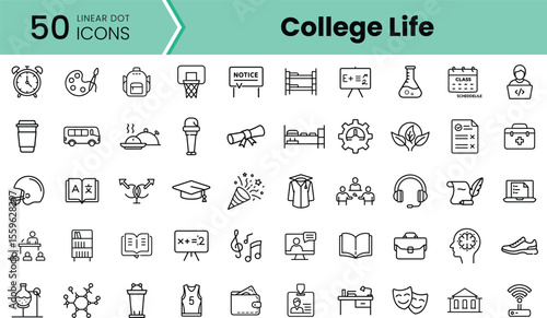 A collection of linear icons representing various aspects of college life, featuring elements like books, alarms, schedules, and graduation motifs.