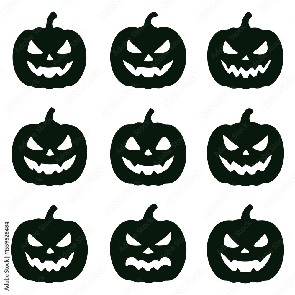 Obraz premium Nine Halloween pumpkins with scary faces arranged in a grid pattern.