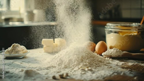Flour dusts a kitchen counter amidst baking ingredients