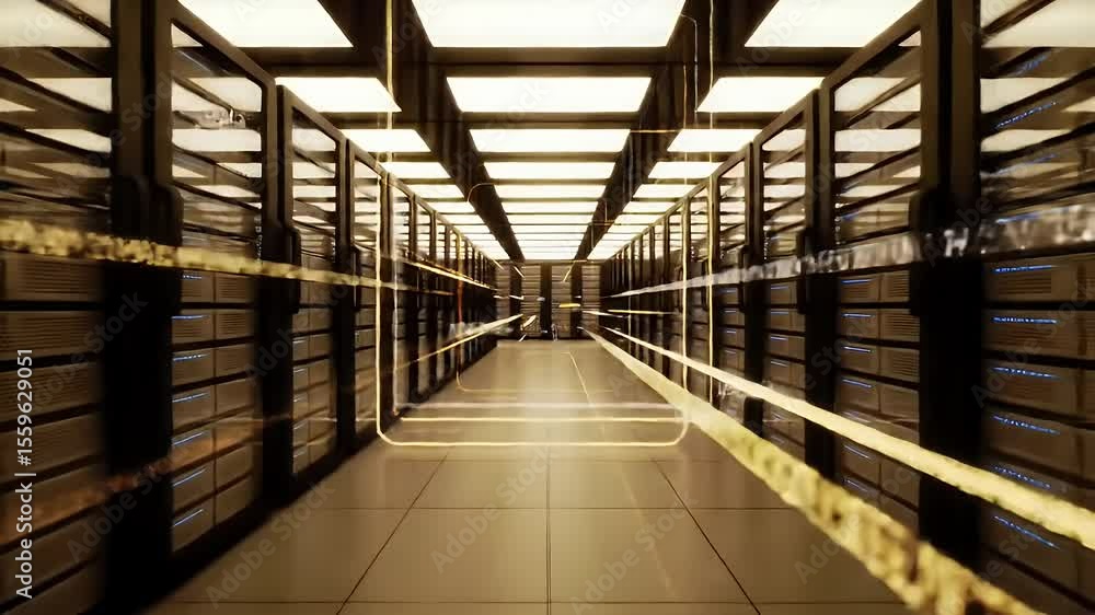 Abstract Server Room: Data Center Corridor Visuals with Golden Lines, Futuristic Technology Background Animation Abstract Server Room: Data Center Corridor Visuals with Golden Lines, Futuristic Technology Background Animation