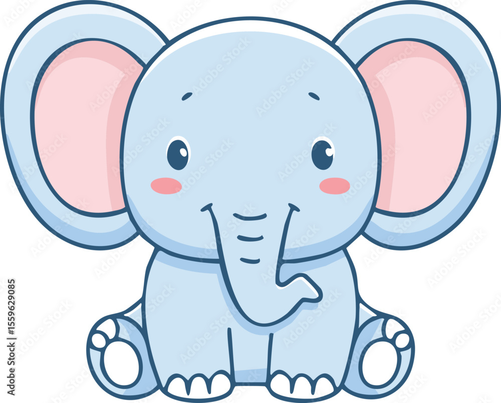 Naklejka premium A charming cartoon elephant with big ears and a friendly smile, sitting.