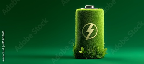 Eco Battery with Grass Texture and Energy Symbol – Renewable Energy and Green Technology Concept


