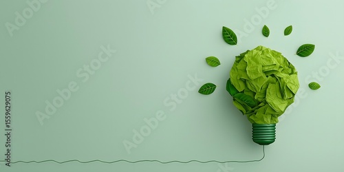 Eco Light Bulb Made of Leaves with Power Cable – Green Energy, Sustainability, and Environmental Concept

