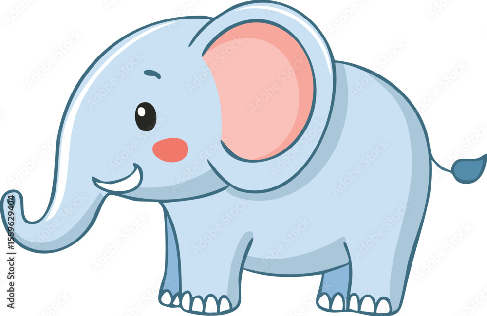 Fototapeta premium Cute light blue cartoon elephant, smiling and facing right.
