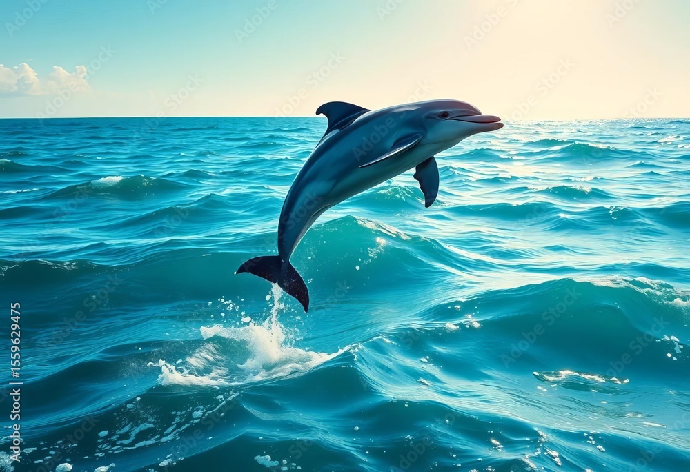 Obraz premium Joyful dolphin leaping high above turquoise ocean waves, sunlit marine scene, clipart, background