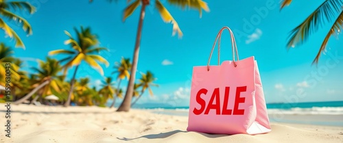 Summer sale shopping bag on sandy beach with palm trees, sun, retail