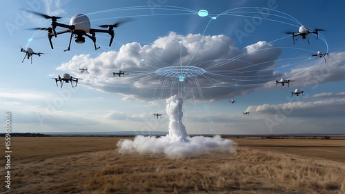 Multiple drones coordinating a mission with a central network over a dry landscape